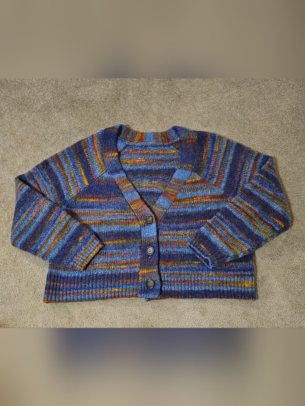 Blue Multi-Stripe V-Neck Button Cardigan Sweater